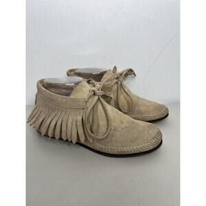 Vintage Pretties Tan Suede Tie Fringe Moccasin Slip On Boho Hippie Size 6.5